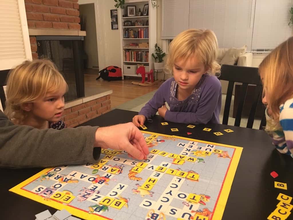 Gwen and Josie are big girls! First family Scrabble (Junior) game!