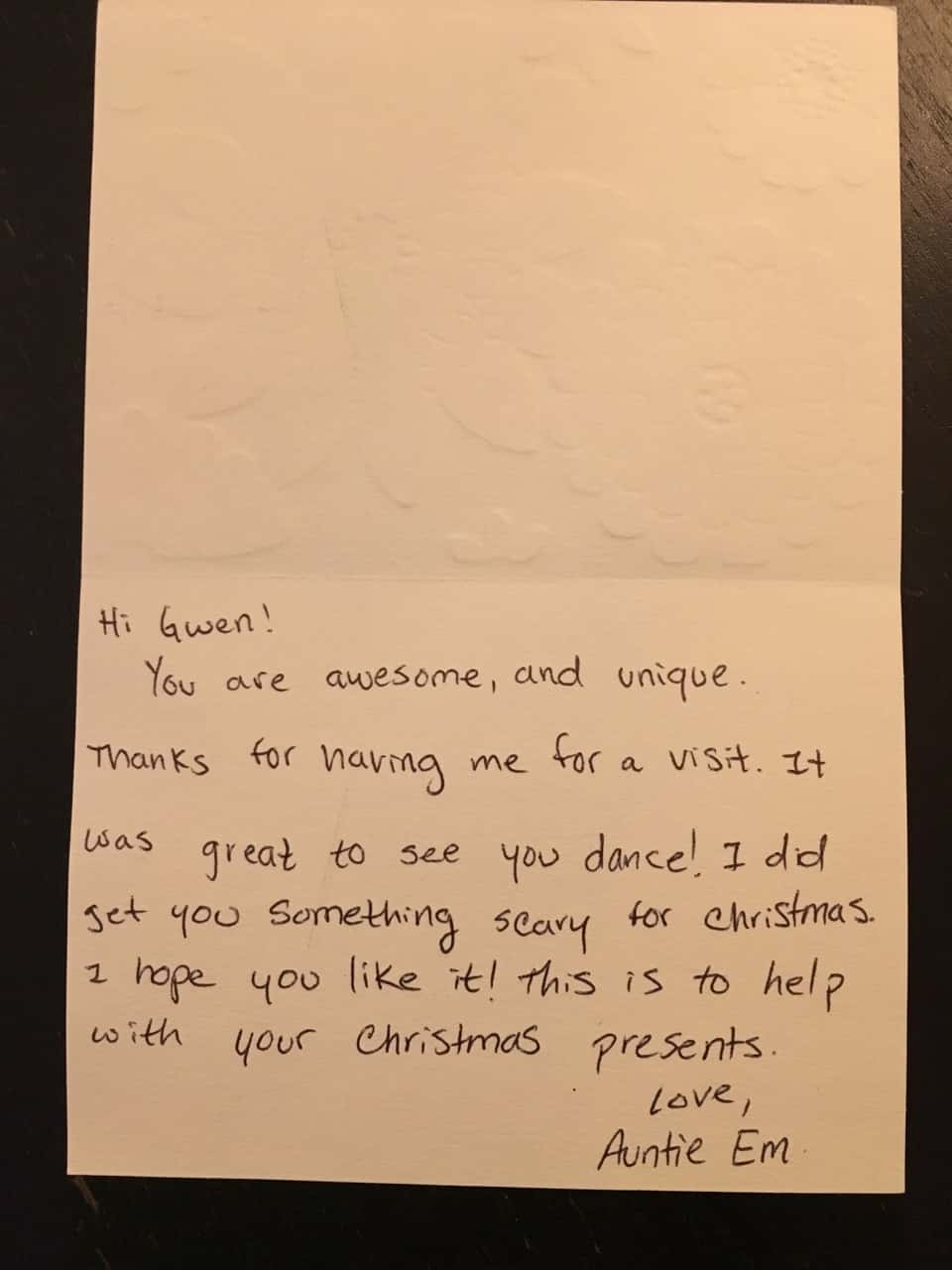 The girls all received letters from Auntie Em. Gwen wrote back right away!