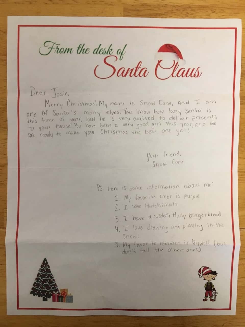 The girls loved receiving these responses to their letters to Santa. They all agreed that Abby’s elf might be feeling too rushed this year.