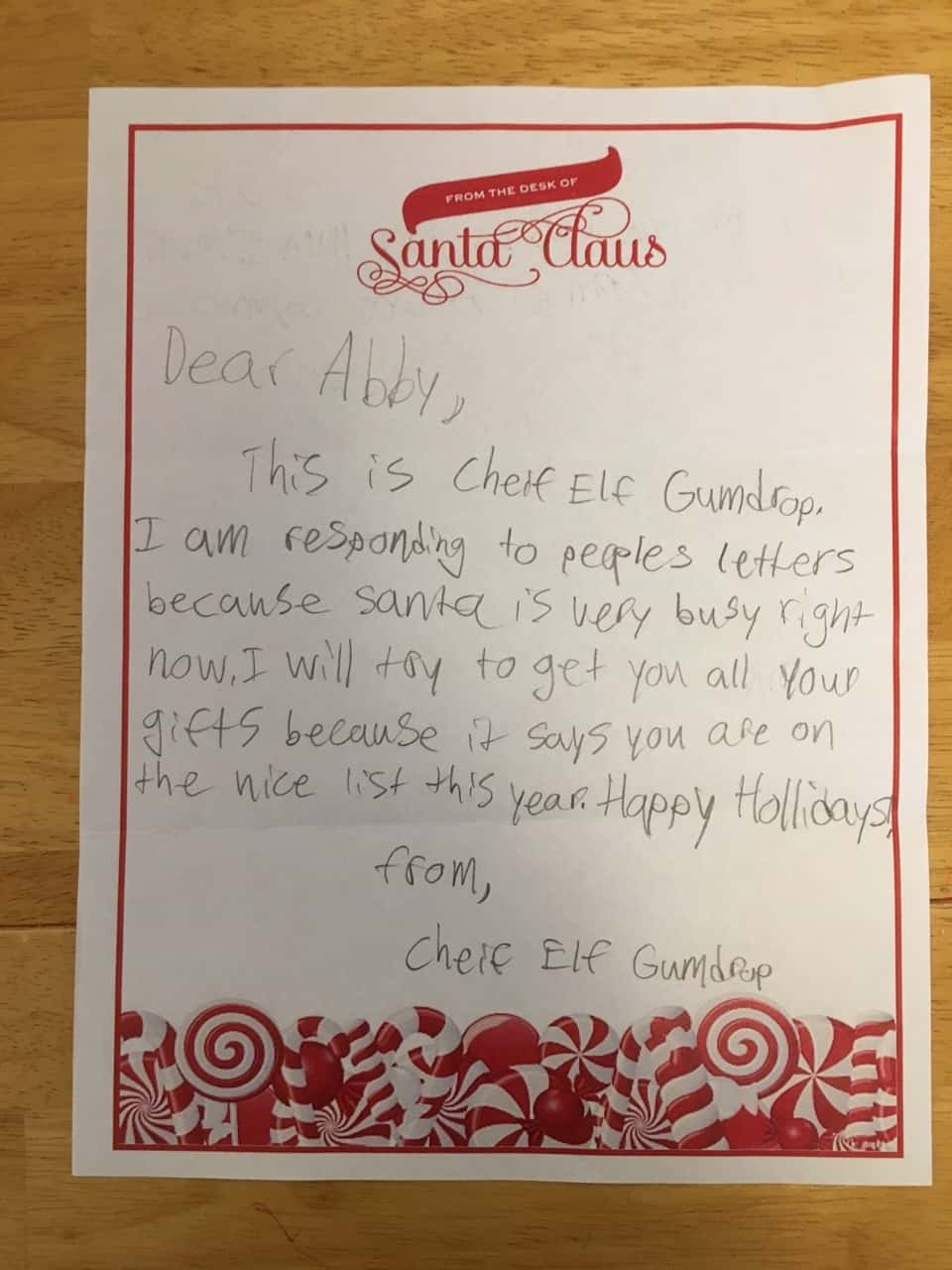 The girls loved receiving these responses to their letters to Santa. They all agreed that Abby’s elf might be feeling too rushed this year.