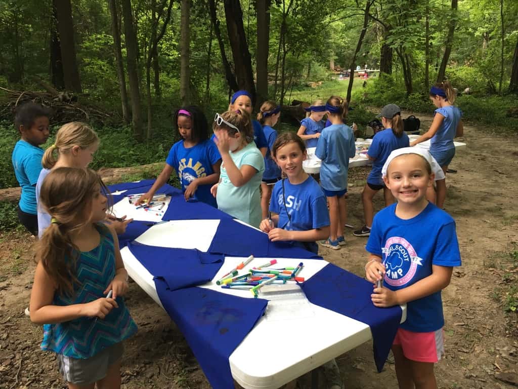 Girl Scout camp at French Park day 1. The girls were enthusiastic, and the weather was agreeable - a recipe for success! We hiked, spent time in the creek, started our nature crafts by creating a nature notebook, decorated bandanas (an important camp accessory), designed a “thought bubble” to represent our unit at camp, played drip drip drench, learned some camp games and songs, and more! Whew!