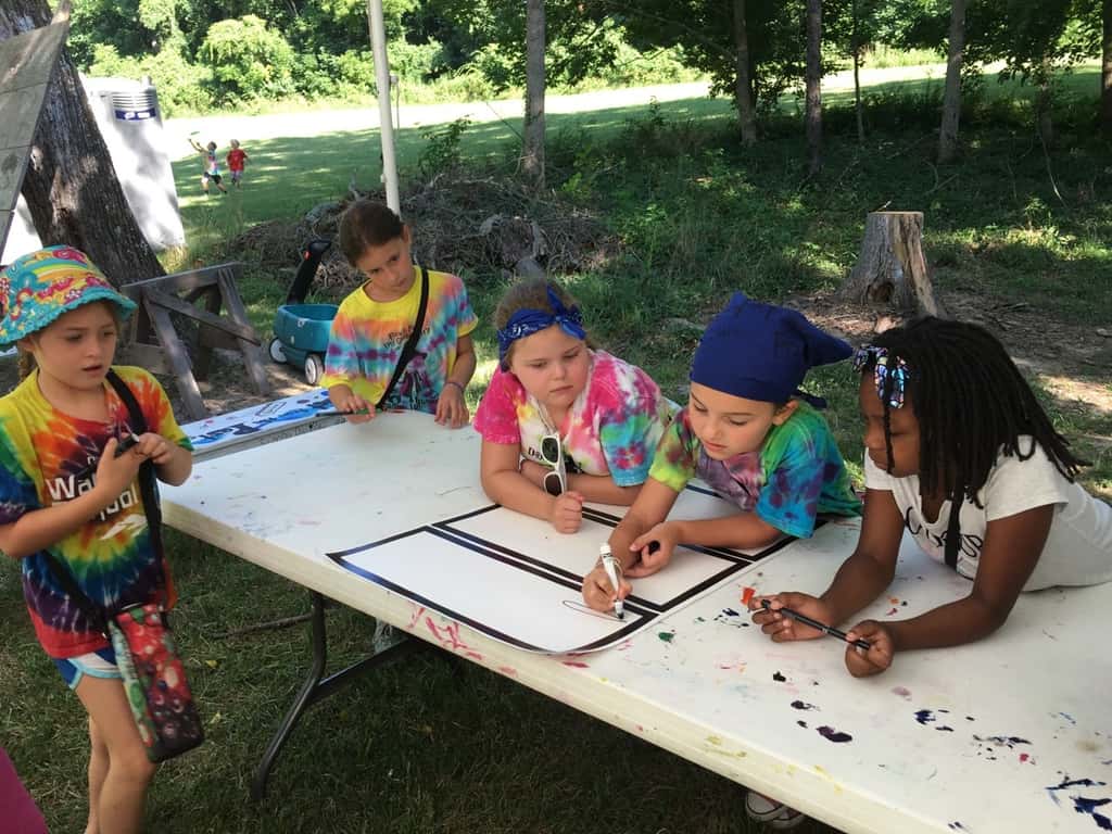 We had another good day at Girl Scout camp! In addition to hiking and creeking, the girls showed off their storytelling and drawing skills for our all-camp comic, added to their nature notebooks, learned fun Girl Scout games from the Red Unit, tie-dyed t-shirts, played drip drip drench, sang songs to the Pixies, and more!