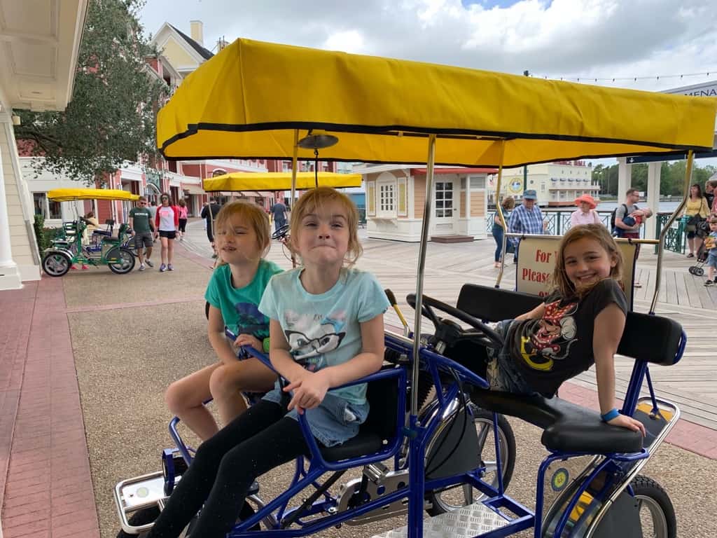 Our “restful” resort day at Disney included a thunderstorm, high winds, and cooler temps. We still enjoyed some arcade fun, lunch at Disney Springs, a surrey bike ride around the Boardwalk, swimming, a boat ride, and entertaining shows on the Boardwalk. Thank goodness the pools are heated!