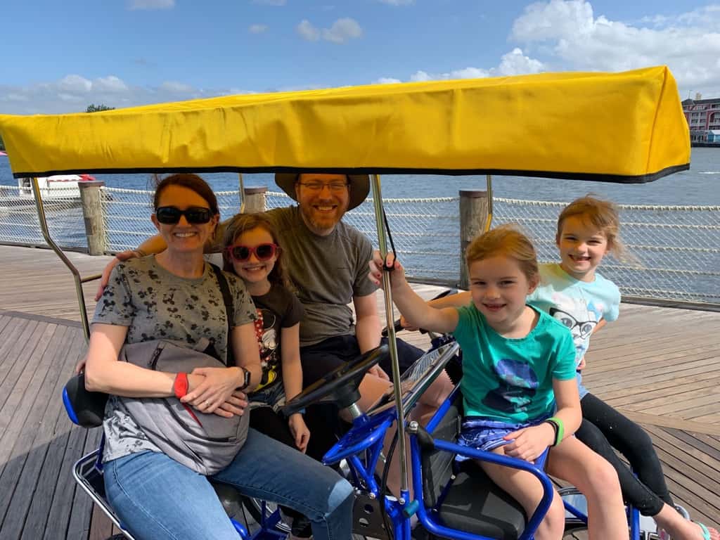 Our “restful” resort day at Disney included a thunderstorm, high winds, and cooler temps. We still enjoyed some arcade fun, lunch at Disney Springs, a surrey bike ride around the Boardwalk, swimming, a boat ride, and entertaining shows on the Boardwalk. Thank goodness the pools are heated!
