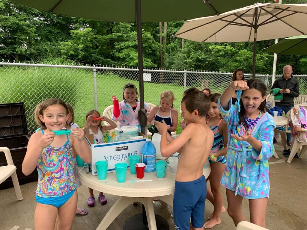 Cool and rainy, but these Junior Girl Scouts still had fun! Lots of swimming, SWAPS, slime, and pizza. Of course, the sun came out five minutes after the party ended!