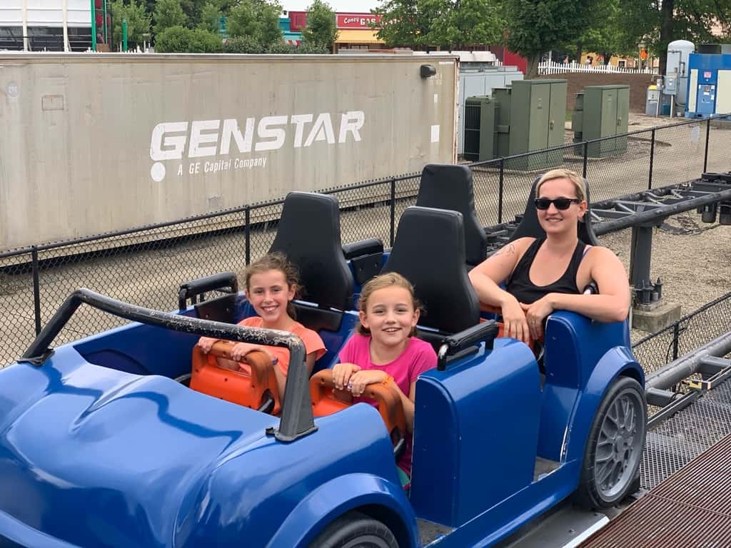 Summer Adventure list: Kings Island! It rained on us, but we still had a blast! Our girls were adventurous. Josie rode her first roller coaster, and loved it! Abby rode Drop Tower and every roller coaster except Diamondback and the Beast, but missed those only because we ran out of time. Gwen tried both the Racer and Adventure Express, her first two coasters outside Snoopy Land.