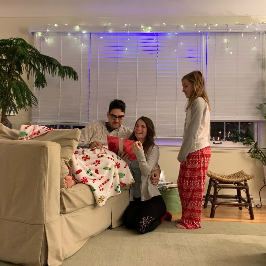 Abby tried to stay up to catch Santa; no luck. Christmas morning featured lots of fun new toys for our maker space.