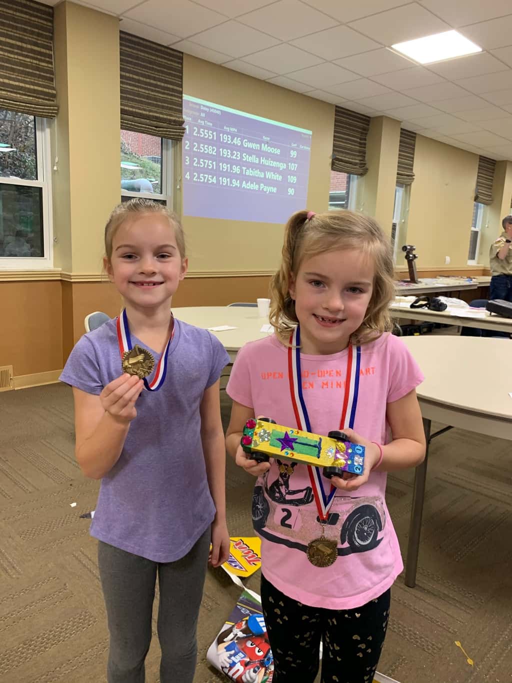 Gwen’s car won first place, and Josie’s car won the “most creative” design medal for their troop. Abby’s car won “most original design” for her troop. And Gwen’s car came in second place in the best of Madeira race for this year’s Madeira Pinewood Derby!