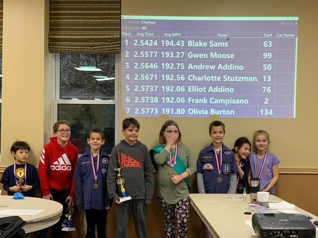 Gwen’s car won first place, and Josie’s car won the “most creative” design medal for their troop. Abby’s car won “most original design” for her troop. And Gwen’s car came in second place in the best of Madeira race for this year’s Madeira Pinewood Derby!