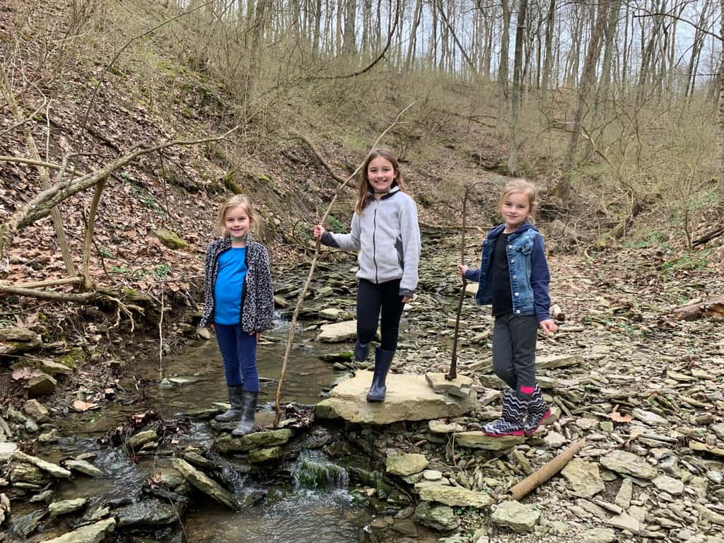 Socially distanced, but not socially isolated. Abby and I got together with some other neighbors to cut fabric for face masks to donate, and joined a group to help some elderly neighbors with yard work this weekend. Today, we explored the KHCC Greenbelt, and the girls loved it! So fun!